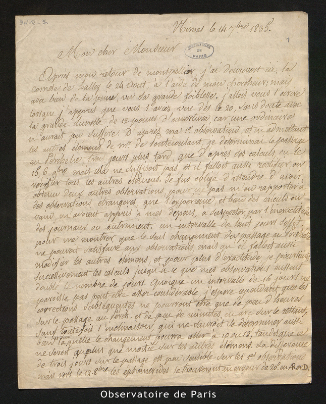 Lettre de Benj. Valz à François Arago, Nîmes le 14 septembre 1835