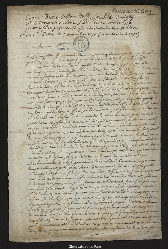 Lettre de Antoine Gaubil à Joseph-Nicolas Delisle, Pékin, 17 novembre 1750