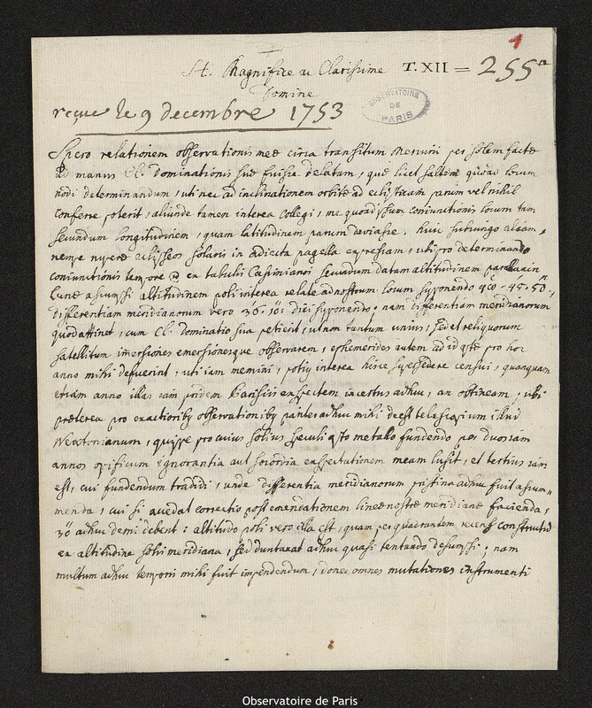 Lettre de Georg Kraz à Joseph-Nicolas Delisle, Ingolstadt, 30 novembre 1753