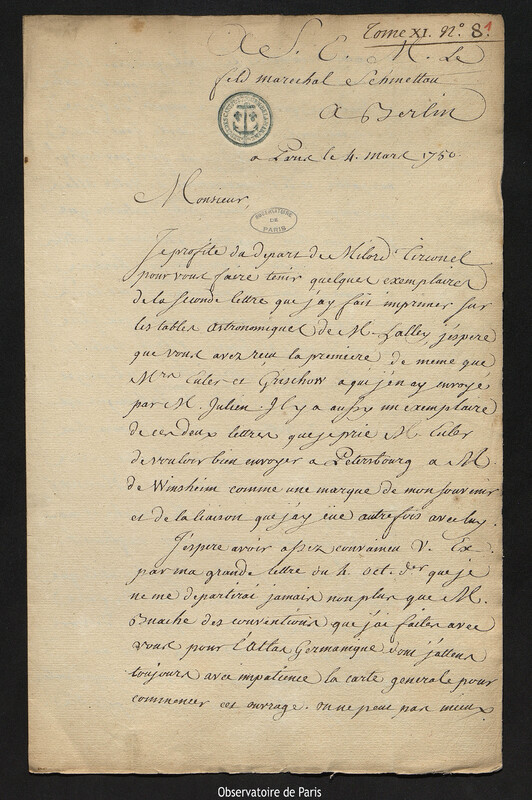 Lettre de Joseph-Nicolas Delisle à comte Samuel de Schmettau, Paris, 4 mars 1750