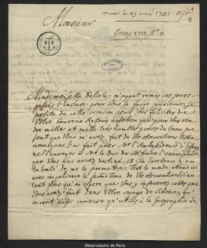 Lettre de Henri Gross à Joseph-Nicolas Delisle, Paris, 2 avril 1721