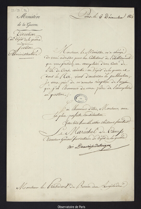 Lettre d'Edme de La Chasse de Vérigny, directeur par intérim du Dépôt de la Guerre, à Gaspard de Prony, président du Bureau des Longitudes, le 6 décembre 1824