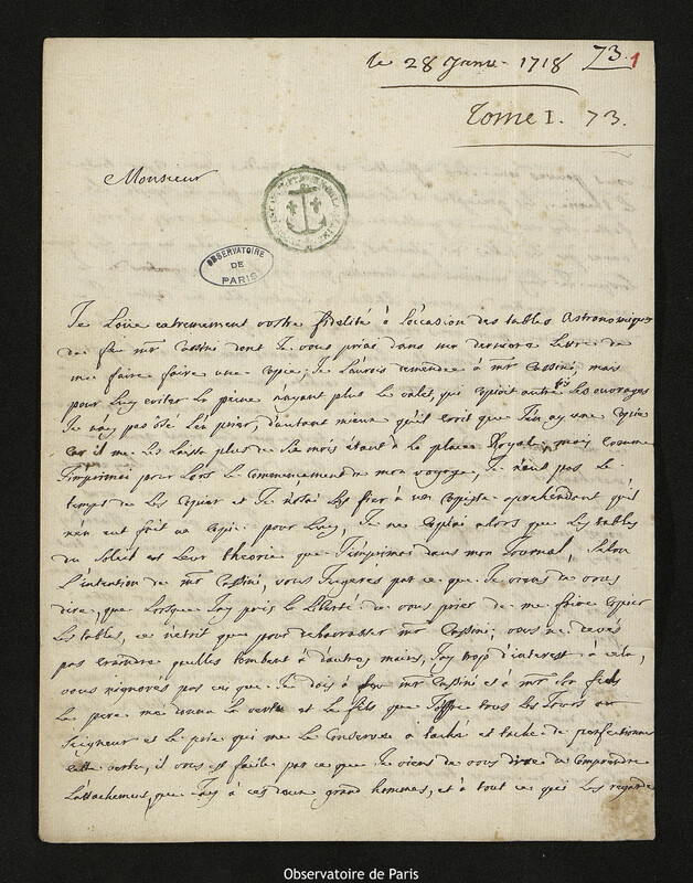 Lettre de Louis Feuillée à Joseph-Nicolas Delisle, Marseille, 28 janvier 1718