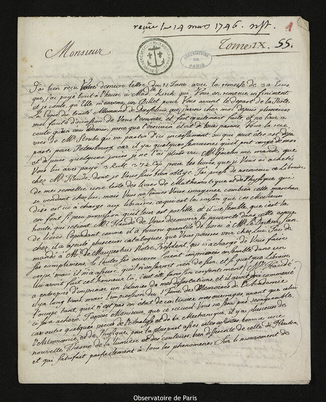 Lettre de Leonhard Euler à Joseph-Nicolas Delisle, Berlin, 15 février 1746