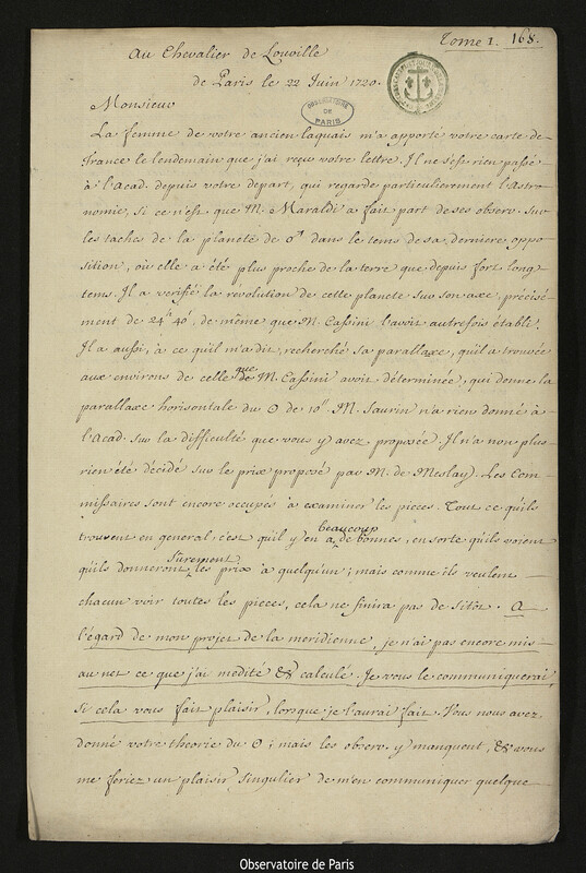 Lettre de Joseph-Nicolas Delisle à Jacques d'Allonville de Louville, Paris, 22 juin 1720