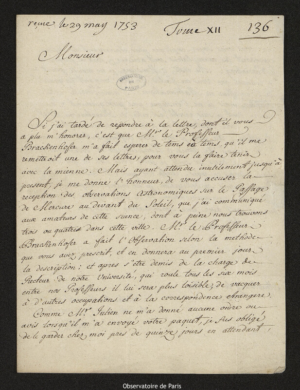 Lettre de Jean-Jacques Schatz à Joseph-Nicolas Delisle, Strasbourg, 25 mai 1753