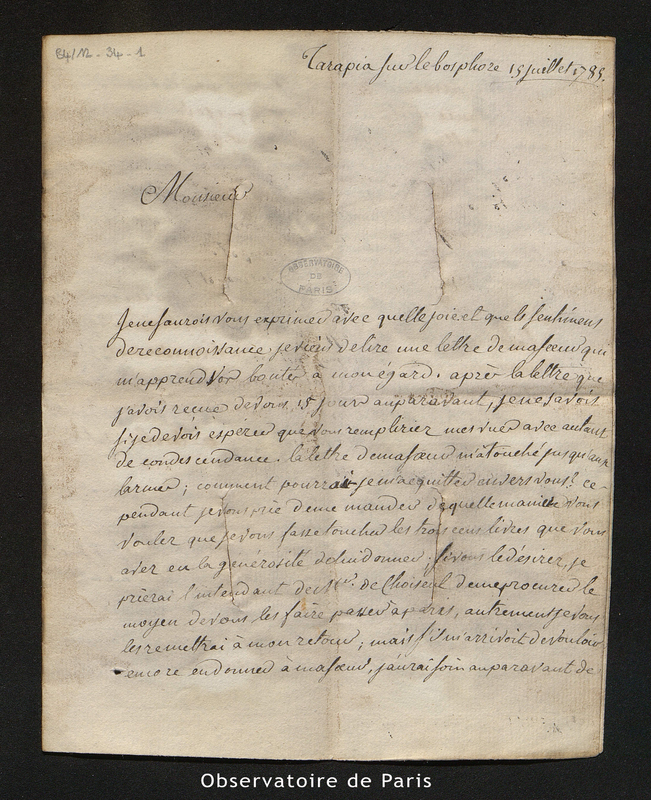 Lettre de Tondu à Cassini IV, Tarapia sur Bosphore le 15 juillet 1785