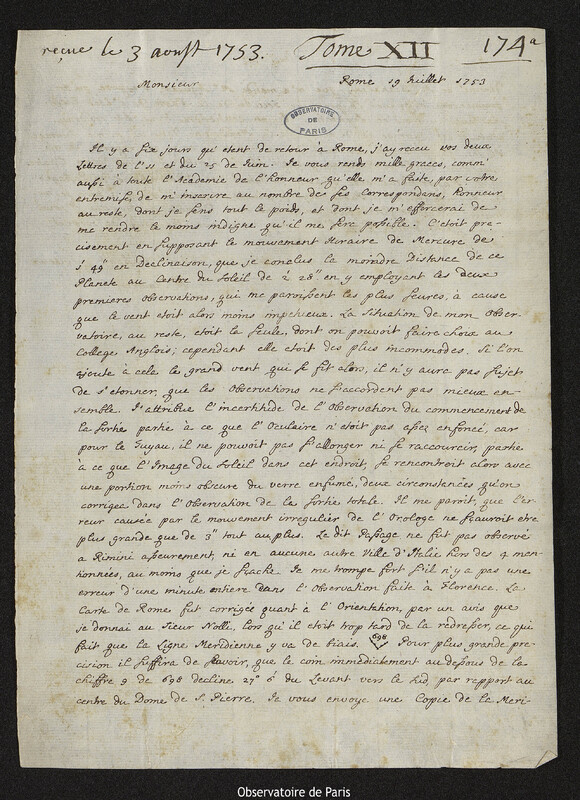 Lettre de Christopher Maire à Joseph-Nicolas Delisle, Rome, 19 juillet 1753