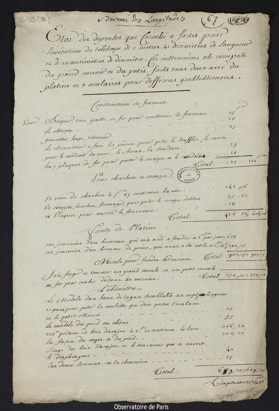 Jean-Baptiste DELAMBRE. Etat des dépenses que Caroché a faites pour l'exécution du télescope de 2 mètres 41 décimètres de longueur et de 20 centimètres de diamètre. Cet instrument est composé du grand miroir et du petit faits tous deux avec du platine et 3 oculaires pour différents grossissements