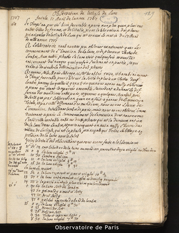 CASSINI I et MARALDI I. Observations de l'éclipse de Lune faite le 17 avril de l'année 1707