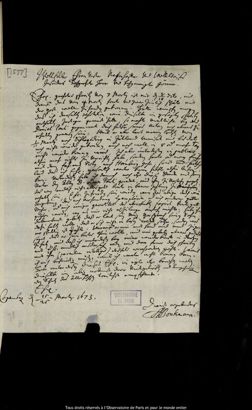 Lettre d'Andreas Borckmann à Jan Heweliusz, Copenhague, 15 mars 1673