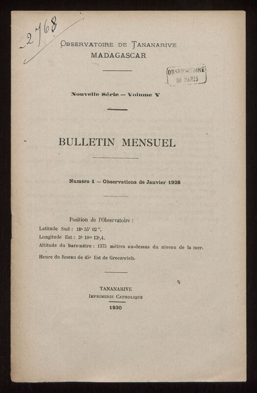 (1928) Bulletin mensuel de l'Observatoire de Tananarive