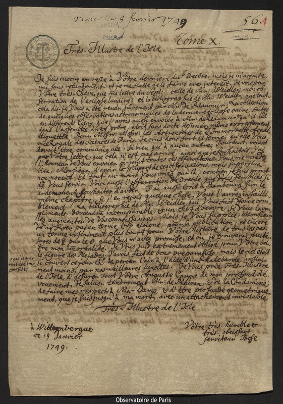 Lettre de Georg Matthias Bose à Joseph-Nicolas Delisle, Wittenberg, 19 janvier 1749