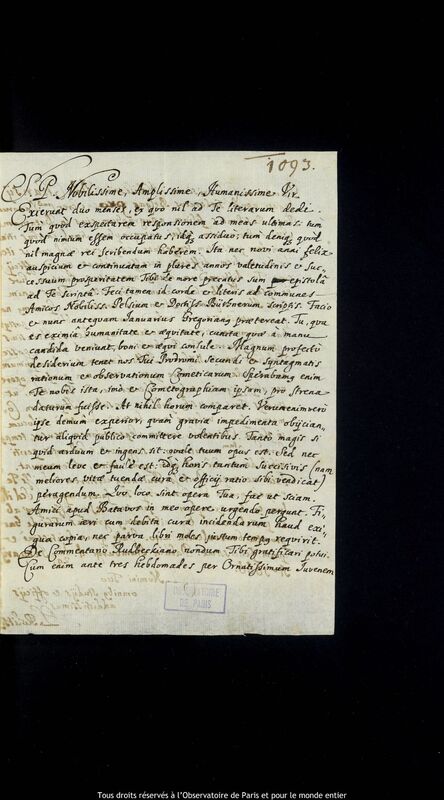 Lettre de Stanislaw Lubieniecki à Jan Heweliusz, Hambourg, 19 janvier 1666