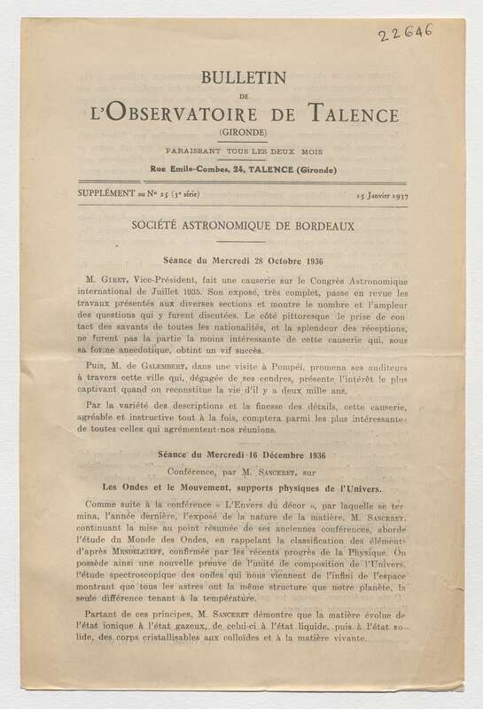 (1937) Bulletin de l'Observatoire de Talence, 3e série