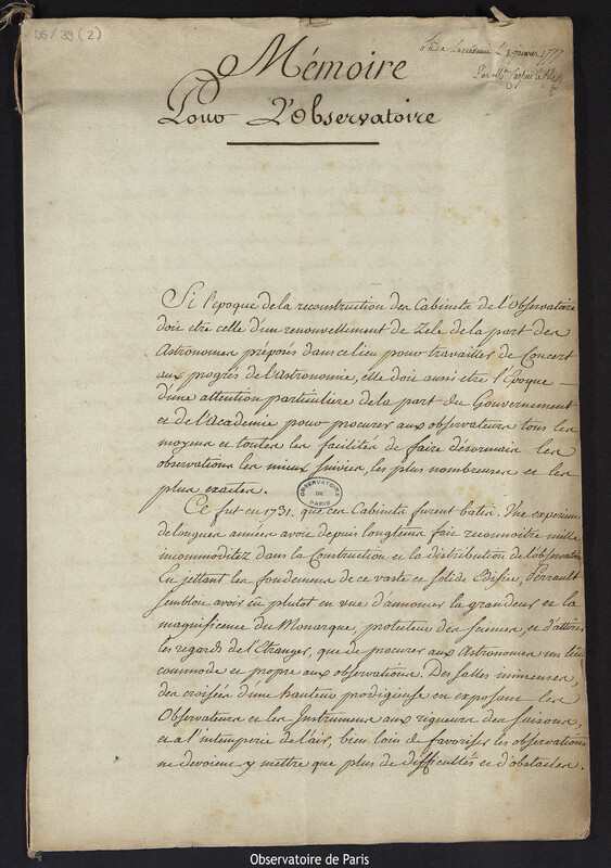 Mémoire pour l'Observatoire lu à l'Académie le 8 janvier 1777 par Mr Cassini le fils