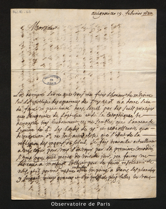 Lettre de Gallet à Cassini I, Avignon le 19 février 1680