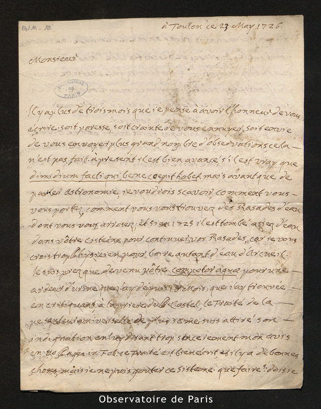 Lettre de Laval à Maraldi, Toulon le 23 mai 1726