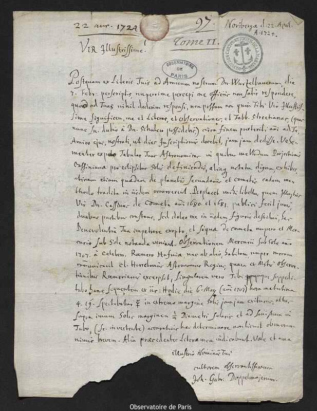 Lettre de Johann Gabriel Doppelmayr à Joseph-Nicolas Delisle, Nuremberg, 22 avril 1724