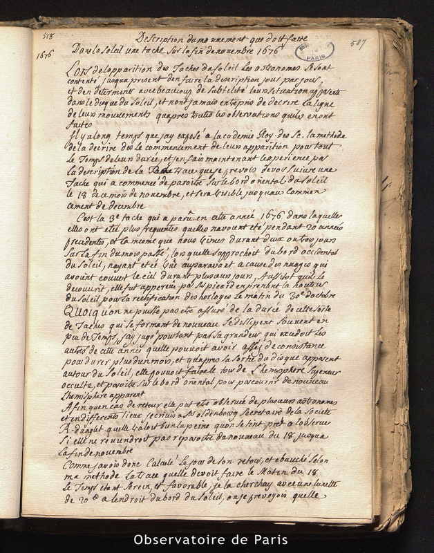 CASSINI I. Description du mouvement que doit faire dans le Soleil une tache sur la fin de novembre 1676