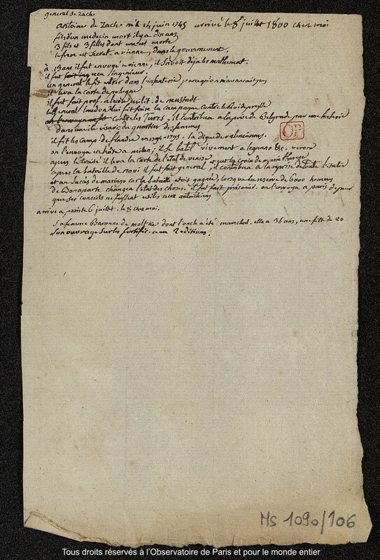 Notes biographiques de Lalande sur Anton Von Zach, frère du baron Franz-Xaver Von Zach