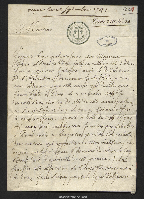 Lettre de Jean-Paul Grandjean de Fouchy à Joseph-Nicolas Delisle, Paris, 13 mai 1740