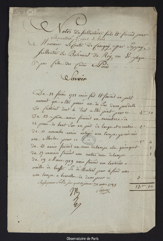 Notes de ferblanterie faite et fournie pour l'Observatoire Royal de Paris Monsieur le Comte de Cassini par Sappey ferblantier des bâtiments du roi rue St Jacques près celles des cordier à Paris