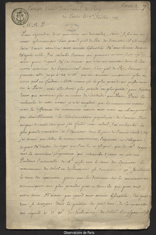 Lettre de Joseph-Nicolas Delisle à Édouard de Vitry, Paris, 2 juillet 1711