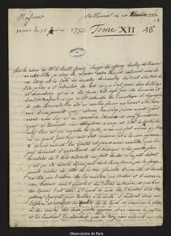 Lettre de Leonardo Ximenes à Joseph-Nicolas Delisle, Florence, 1 janvier 1753