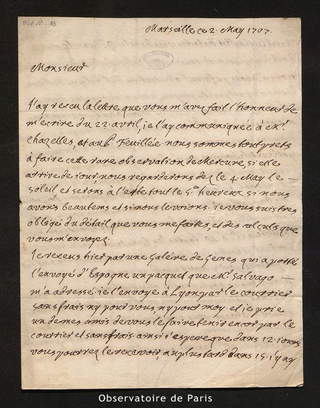 Lettre de Laval à Maraldi, Marseille le 2 mai 1707