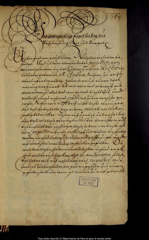 Lettre d'Ernest I (duc de Saxe-Gotha) à Jan Heweliusz, Gotha, 23 septembre 1653