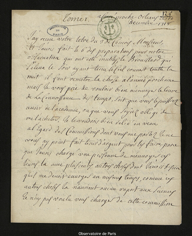 Lettre de Jacques d'Allonville de Louville à Joseph-Nicolas Delisle, Lieu-dit Le Clos du Petit Carré, 10 décembre 1718