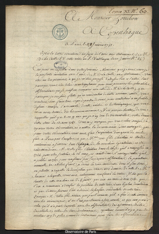 Lettre de Joseph-Nicolas Delisle à Peder Horrebow, Paris, 28 janvier 1751