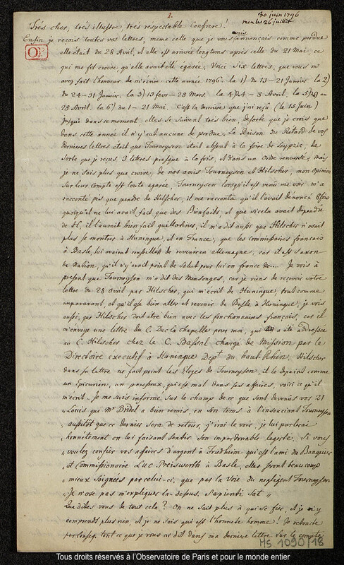 Lettre du baron Franz Xaver von Zach à Joseph Jérôme Le françois de Lalande [Gotha], 30 juin 1796