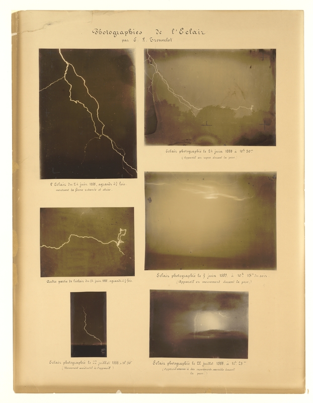 Photographies de l’éclair par E. L. Trouvelot : éclair du 24 juin 1888, agrandi 4 1/2fois montrant la forme rubannée et striée. Eclair photographié le 24 juin 1888 à 10h 30 m [appareil au repos pendant la pose]. Autre partie de l’ éclair du 24 juin 1888, agrandi 4 1/2fois. Eclair photographié le 22 juillet 1888 à 10h 25 m (appareil soumis à des mouvements saccadés durant la pose). Eclair photographié le 22 juillet 1888, à 10h 50 m (mouvement accidentel de l’appareil). Eclair photographié le 7 juin 1889 à 10h 15 m du soir (appareil en mouvement pendant la pose). (titre original)