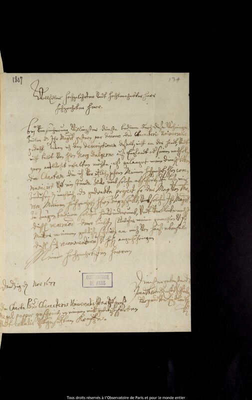 Lettre de Johann Dietrich Theodor von Schlieben à Jan Heweliusz, Gdansk, novembre 1677