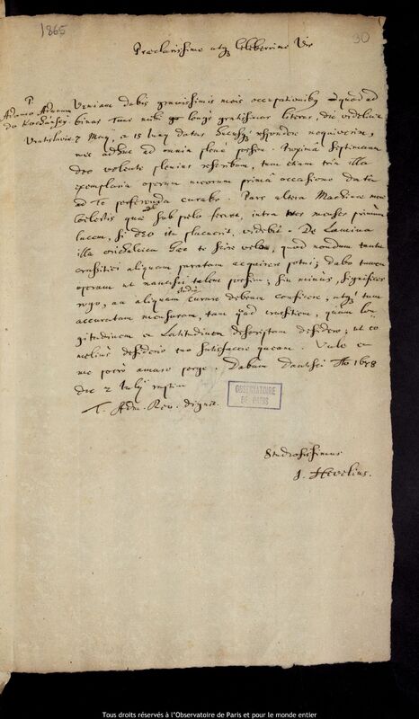 Lettre de Jan Heweliusz à Adam Adamandus Kochanski, Gdansk, 2 juillet 1678