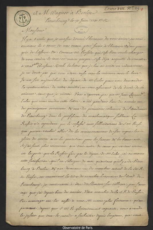 Lettre de Joseph-Nicolas Delisle à Johann Wilhelm Wagner, Saint-Pétersbourg, 19 juin 1741