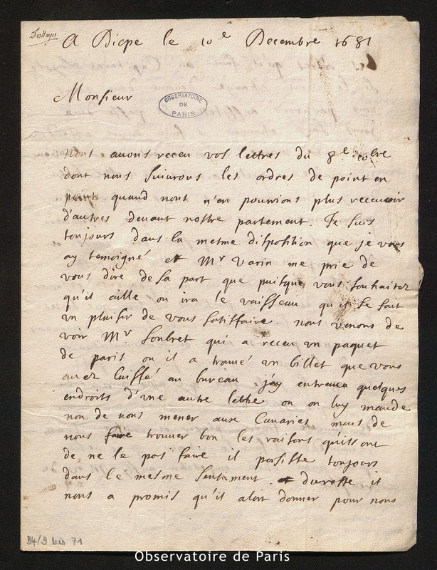 Lettre de Deshayes à Cassini I, Dieppe le 10 décembre 1681