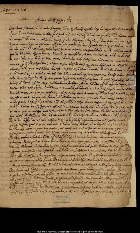 Lettre de Christoph Pfautz à Jan Heweliusz, Leipzig, 28 mars 1685