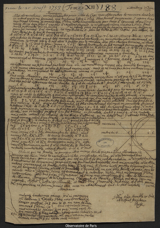 Lettre de Georg Matthias Bose à Joseph-Nicolas Delisle, Wittenberg, 17 juin 1753