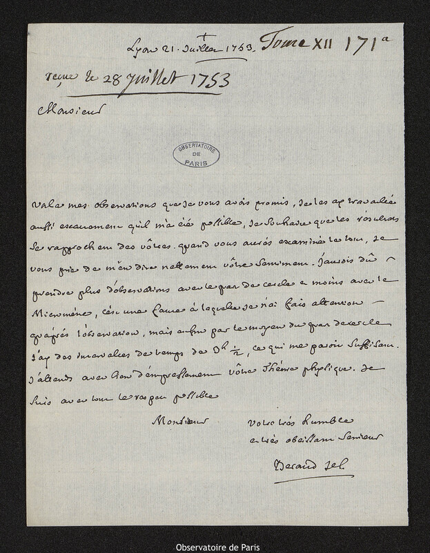 Lettre de Laurent Béraud à Joseph-Nicolas Delisle, Lyon, 21 juillet 1753