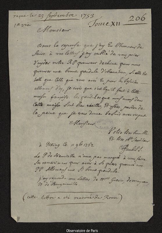 Lettre de Antoine Gaubil à Joseph-Nicolas Delisle, Pékin, 11 novembre 1752