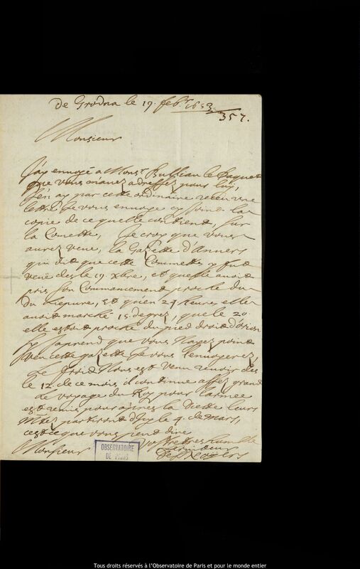 Lettre de Pierre Des Noyers à Jan Heweliusz, Grodno, 19 février 1653