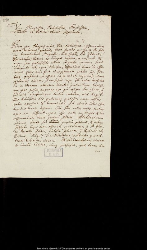 Lettre de Constantin Berend à Jan Heweliusz, Rostock, 2 octobre 1681