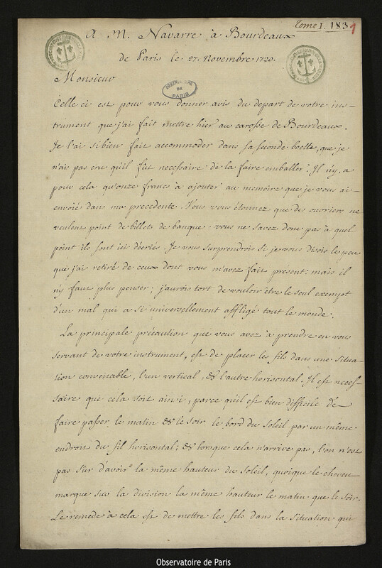 Lettre de Joseph-Nicolas Delisle à Joseph de Navarre, Paris, 27 novembre 1720