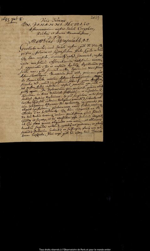 Lettre de Matthias Wasmuth à Jan Heweliusz, Kiel, 8 juillet 1685