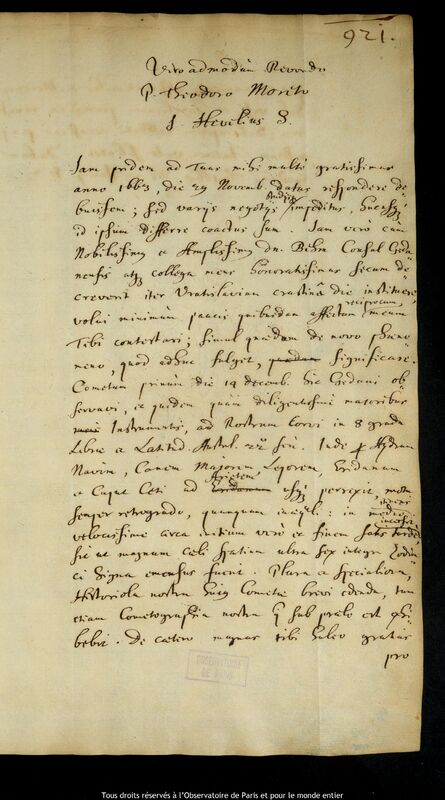 Lettre de Jan Heweliusz à Theodor Moret, Gdansk, 23 janvier 1665