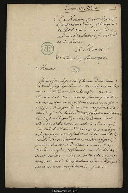 Lettre de Joseph-Nicolas Delisle à Claude-Nicolas Le Cat, Paris, 19 février 1748