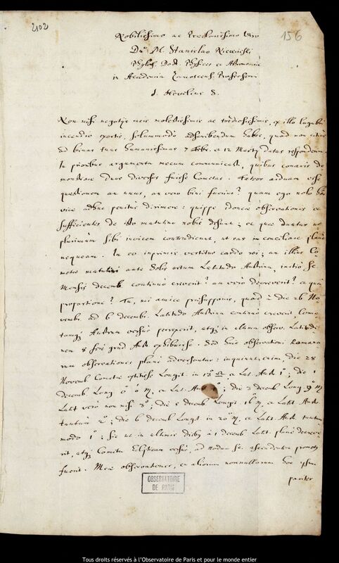 Lettre de Jan Heweliusz à Stanislaw Niewieski, Gdansk, 2 mai 1681